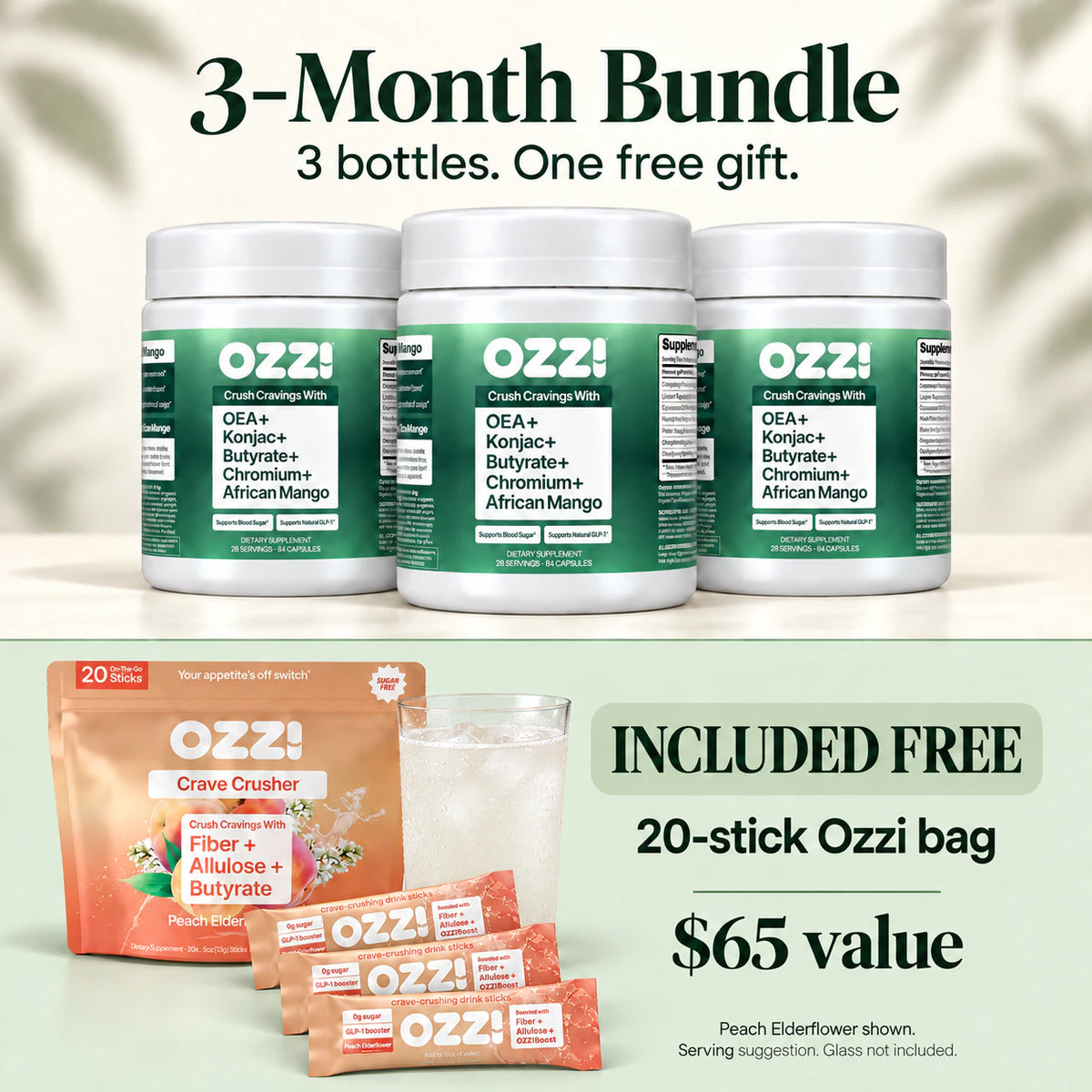 Ozzi 3-month bundle: three capsule bottles with a free 20-stick Ozzi drink bag. Peach Elderflower shown with three sticks and a prepared drink; glass not included.