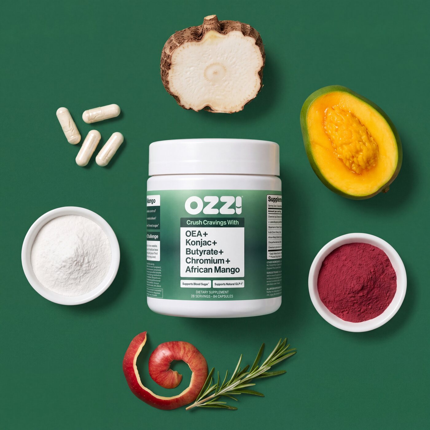 Ozzi capsules bottle on green with konjac root, African mango, capsules and powders