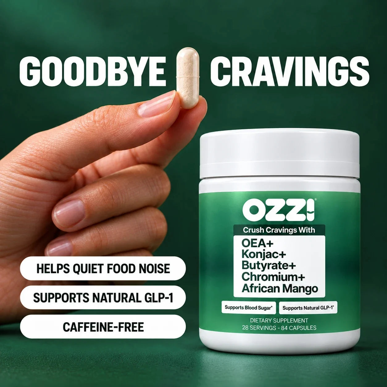Goodbye cravings: a capsule held above the Ozzi bottle