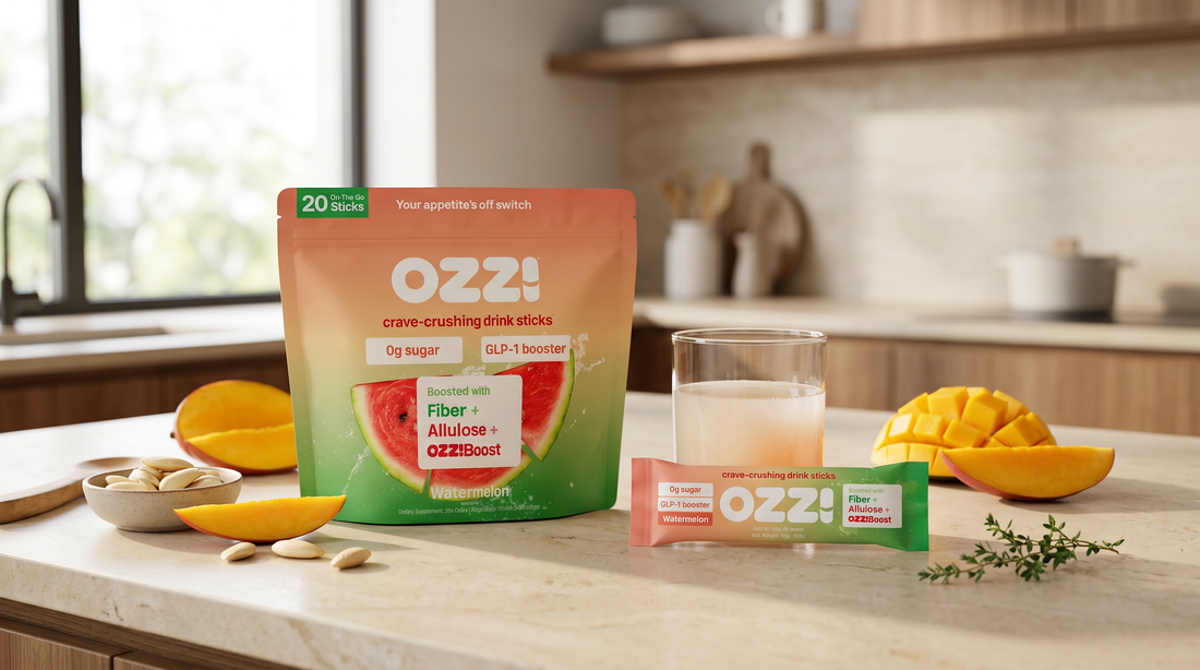 OZZ! watermelon stick pack pouch and a single stick on a cream kitchen counter with fresh sliced mango and a glass of the prepared Ozzi drink, soft morning light.