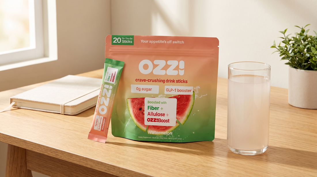 Ozzi watermelon stick pack pouch, a single stick and a glass of the prepared drink on a light oak desk