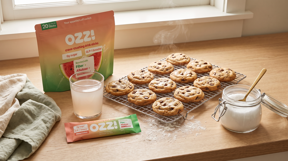 Ozzi watermelon stick pack pouch and stick on a kitchen counter beside a cooling rack of golden cookies and a jar of allulose
