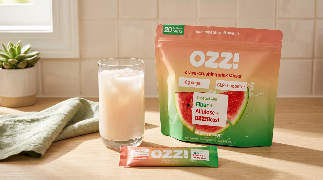 Ozzi watermelon pouch and drink stick on a sunlit kitchen counter beside a glass of the prepared cloudy off-white Ozzi drink