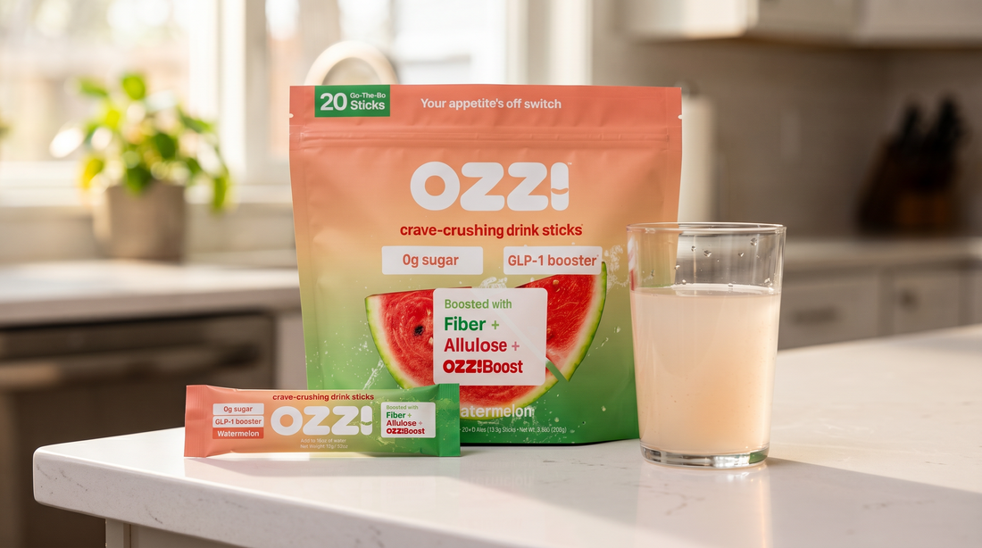 Ozzi Crave Crusher watermelon stick pack and pouch on a sunlit kitchen counter next to a glass of the prepared drink