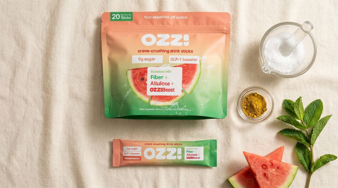 Ozzi watermelon stick pack flatlay with allulose and berberine powders, GLP-1 ingredient comparison