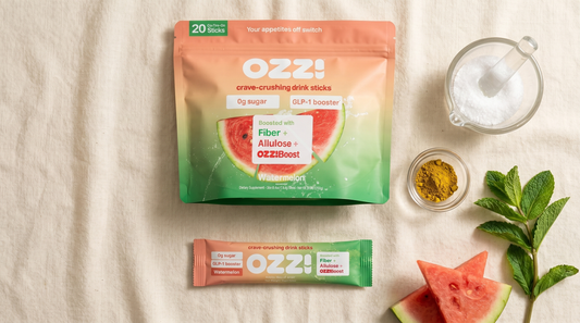 Ozzi watermelon stick pack flatlay with allulose and berberine powders, GLP-1 ingredient comparison