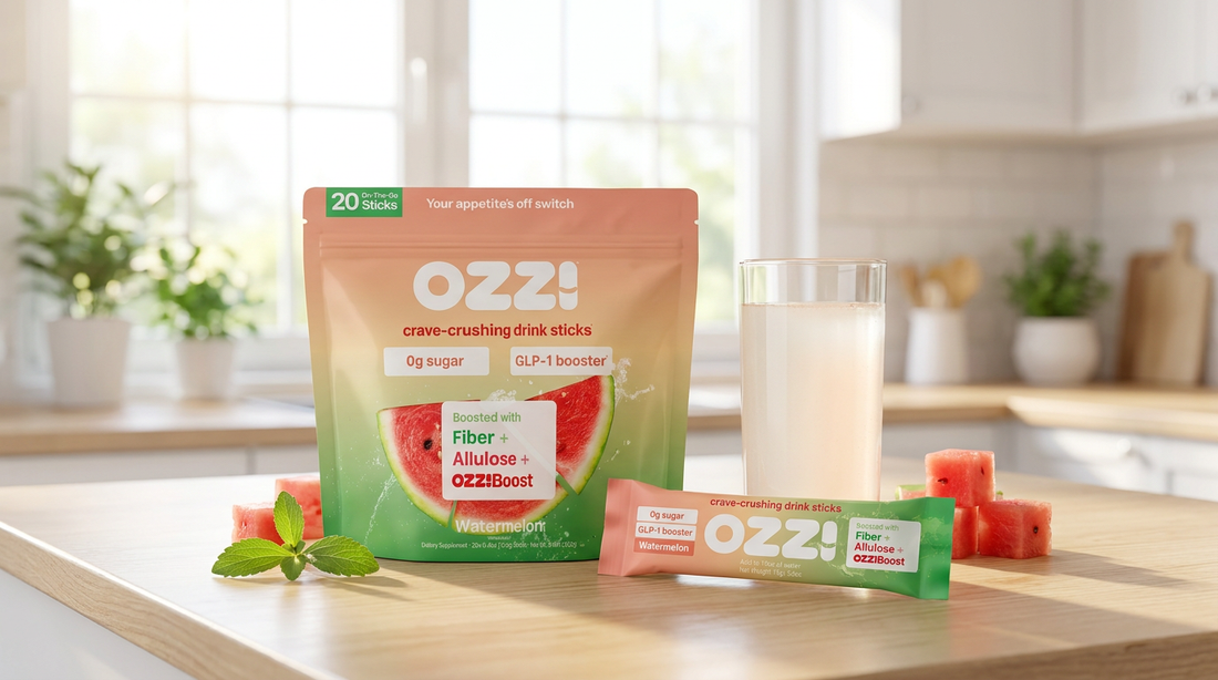 OZZ! watermelon stick pack and prepared drink on a kitchen counter with watermelon and stevia leaf