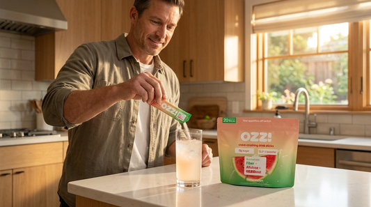 Man in a home kitchen preparing an Ozzi watermelon drink stick in a glass of cold water