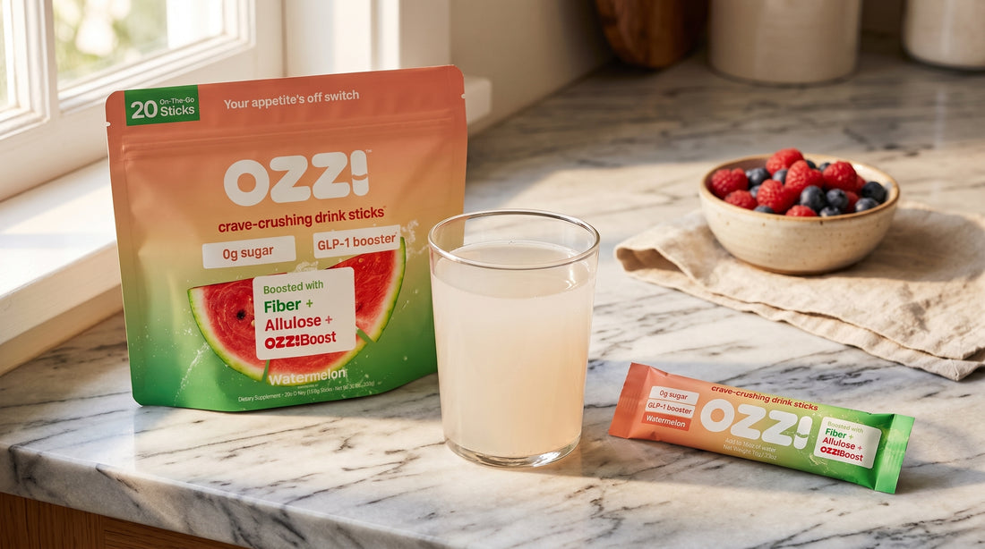 Ozzi GLP-1 booster drink pouch and prepared drink on a sunlit kitchen counter
