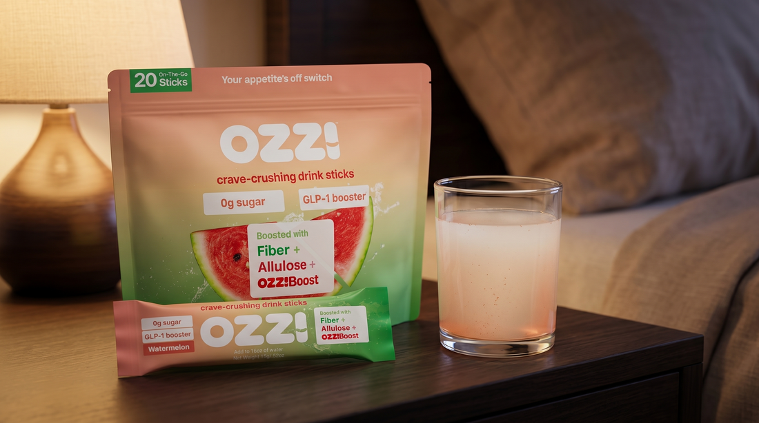 Ozzi pouch and prepared drink on a calm bedside table for nighttime craving control