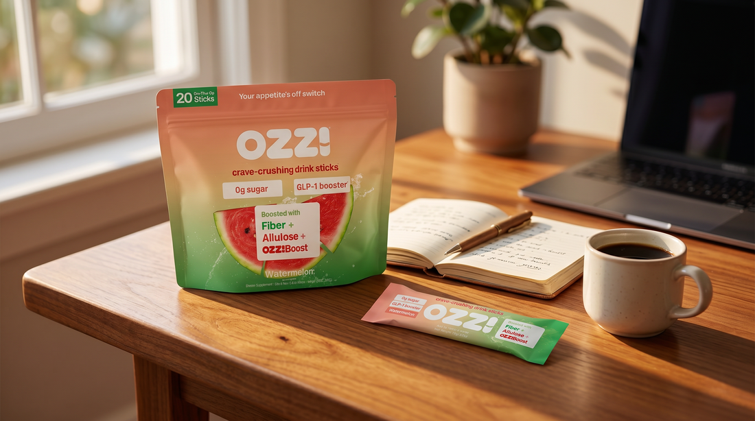 Ozzi Crave Crusher watermelon stick pack on a wooden desk next to a notebook and morning coffee