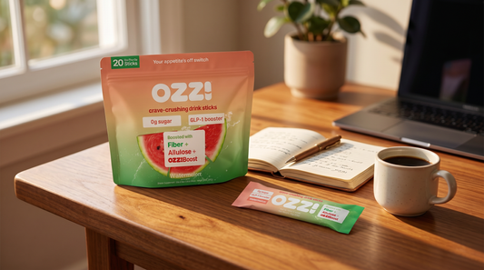 Ozzi Crave Crusher watermelon stick pack on a wooden desk next to a notebook and morning coffee