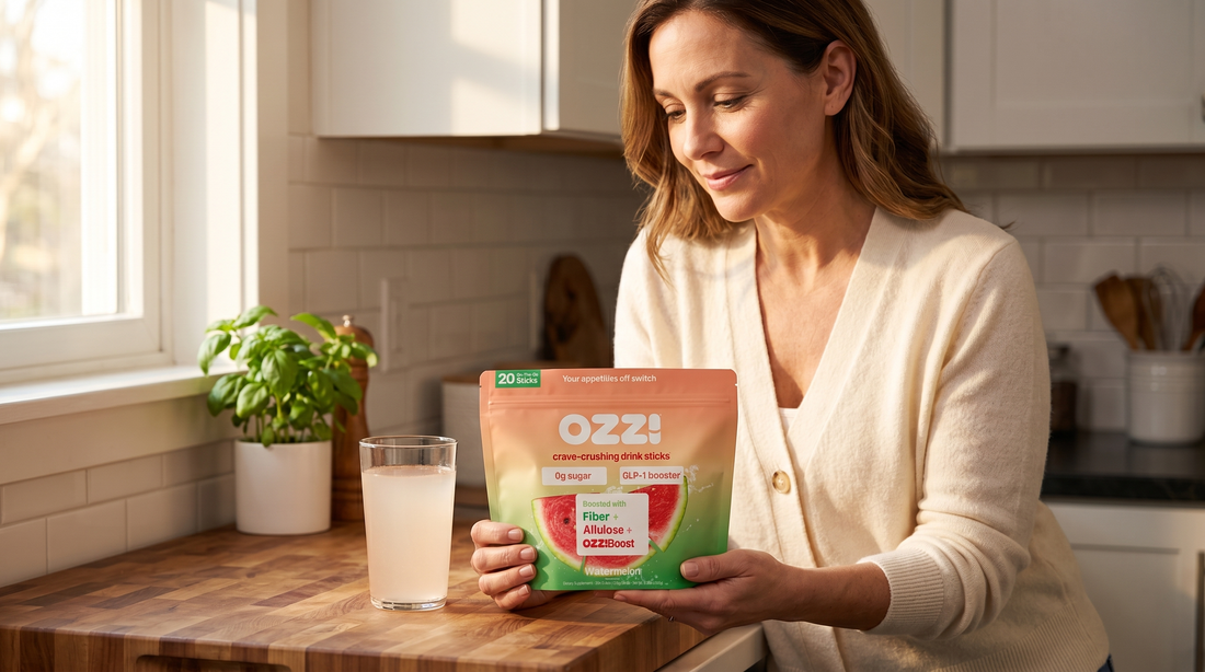 A woman in her 40s holding an OZZ! watermelon stick pack at her kitchen counter, soft morning light