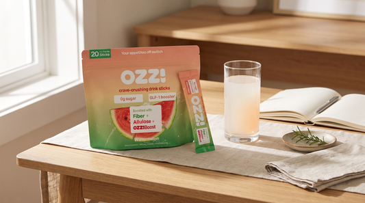 An Ozzi watermelon drink stick pouch and single stick on a wooden desk beside a glass of the prepared cloudy off-white drink
