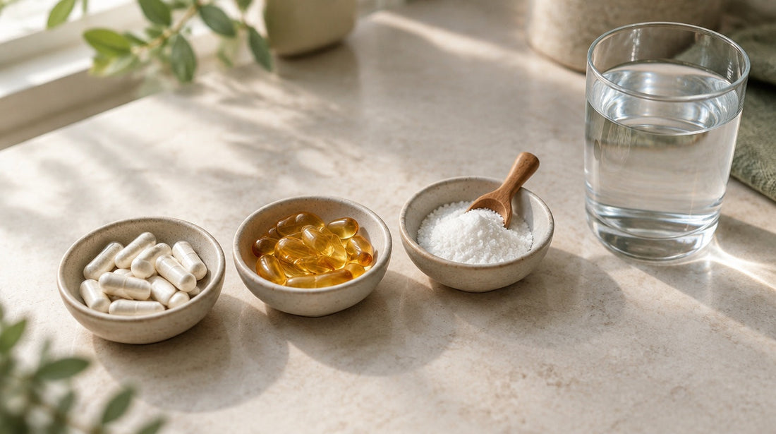 Best form of butyrate to take: three dishes holding powder-filled capsules, softgels and loose powder beside a glass of water