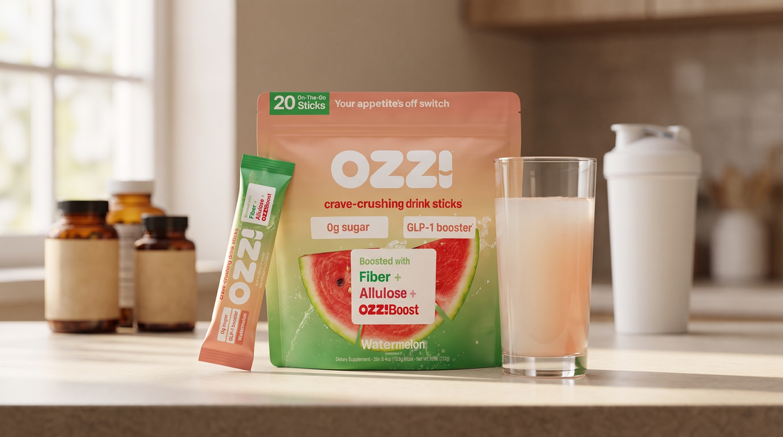 Ozzi watermelon stick pack pouch, a single stick, and a glass of the prepared drink on a kitchen counter beside unbranded supplement bottles