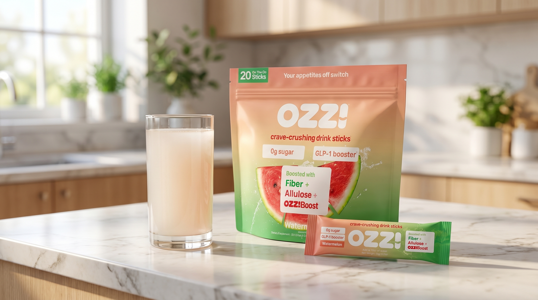 Ozzi watermelon pouch, a single stick, and a glass of the prepared cloudy off-white drink on a kitchen counter