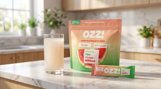 Ozzi watermelon pouch, a single stick, and a glass of the prepared cloudy off-white drink on a kitchen counter