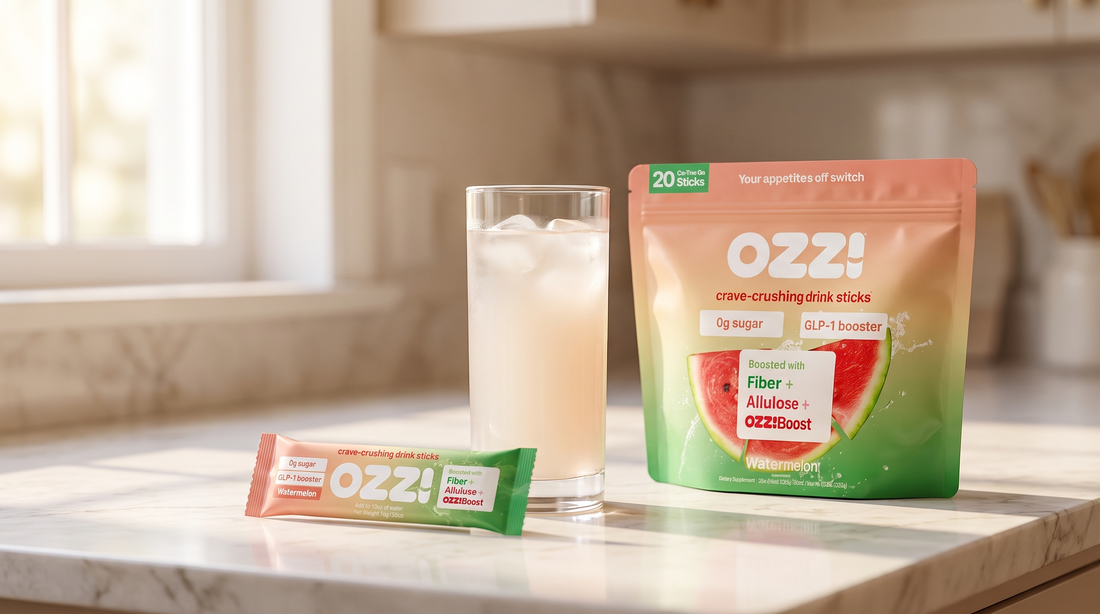 An Ozzi watermelon pouch and drink stick beside a tall glass of the prepared Ozzi drink on a sunlit kitchen counter