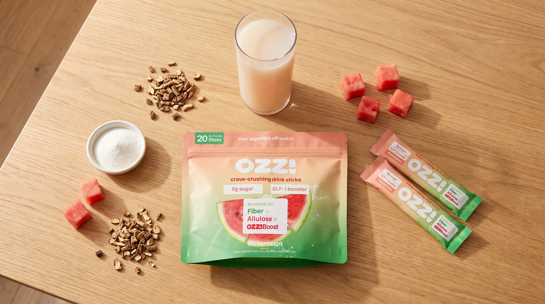 Overhead flatlay of the Ozzi watermelon pouch and two stick packs with chicory root, watermelon cubes, and a glass of the prepared drink