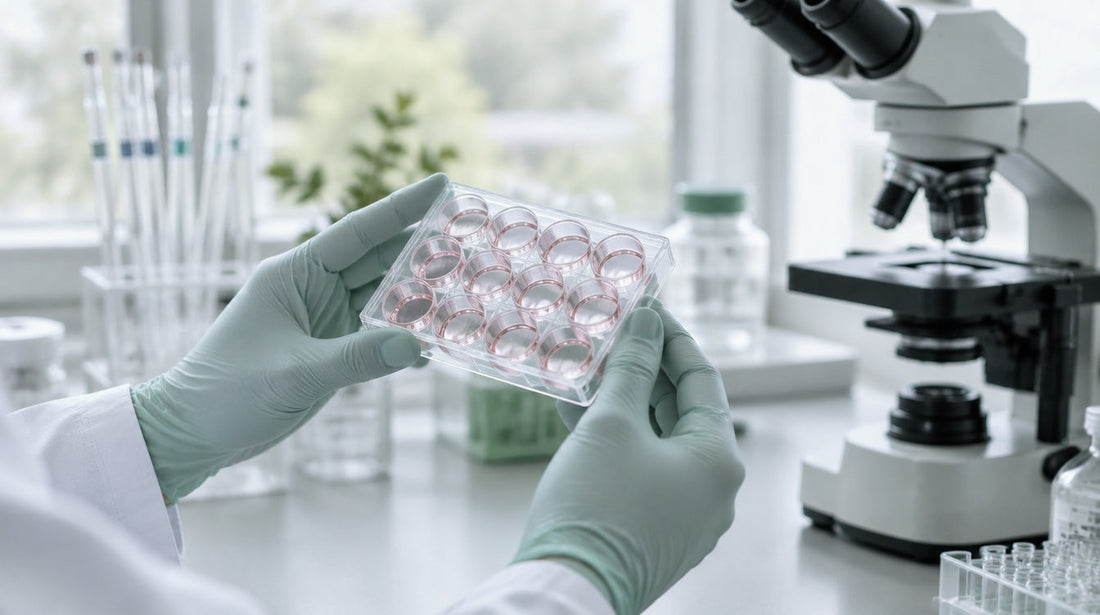 Butyrate and colon cancer research: gloved hands holding a cell culture plate in a bright lab, with a microscope behind