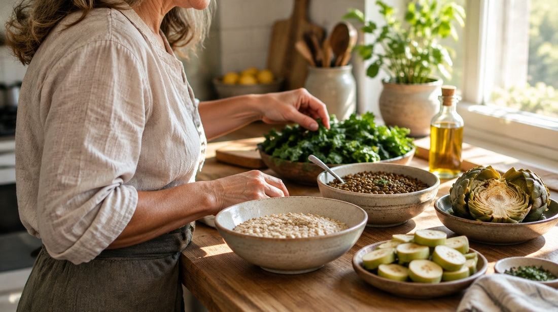 Butyrate and liver health: a woman in her 50s at a kitchen counter preparing lentils, oats, leafy greens, sliced green banana and an artichoke, the fiber-rich foods that feed butyrate-making gut bacteria