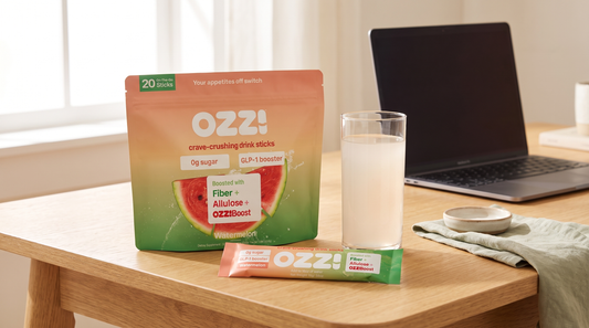 Ozzi watermelon stick pack pouch, a single stick, and a glass of the prepared drink on a sunlit desk
