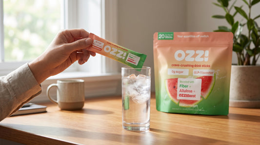 A hand holding an Ozzi watermelon stick pack over a glass of water on a wooden desk, with the Ozzi pouch behind