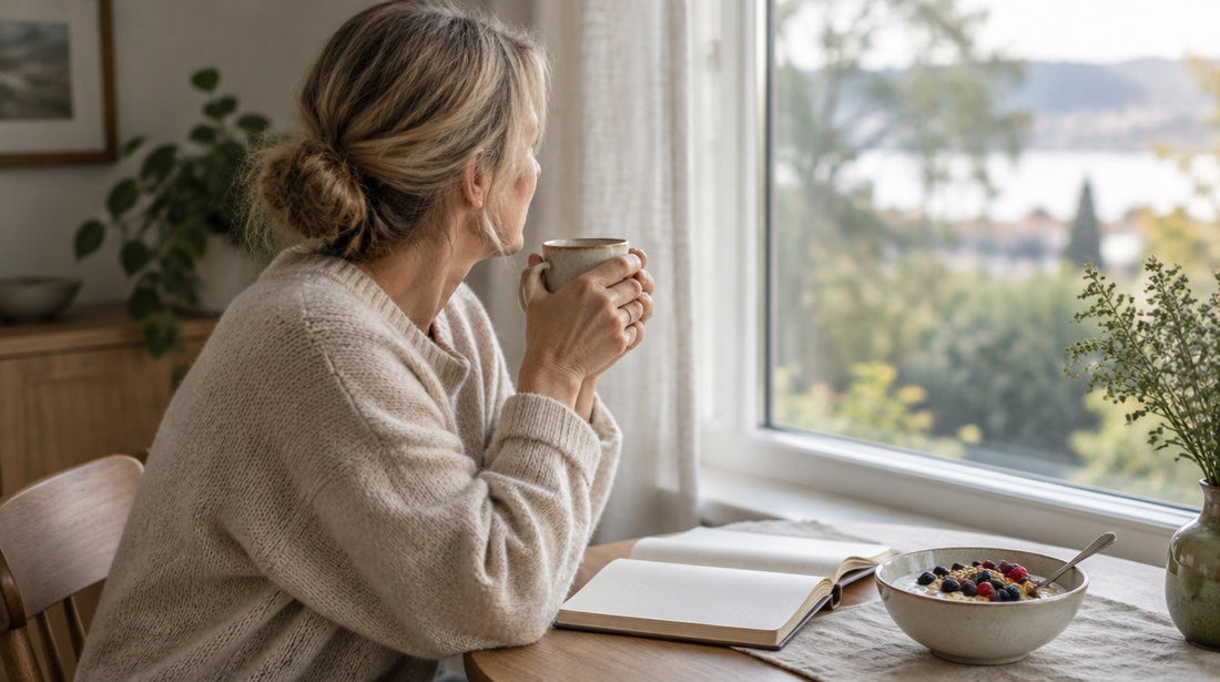 Butyrate, serotonin and mood: a woman in her 50s in a cream sweater sits by a window with a mug, an open notebook and a bowl of oatmeal with berries
