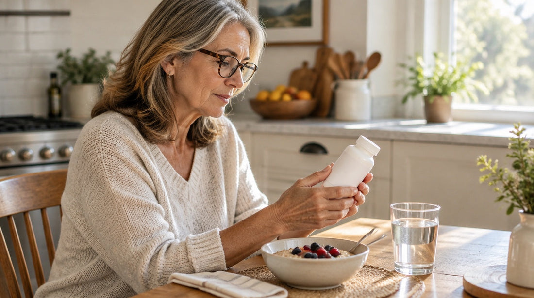 Butyrate side effects: a woman in her 50s reads the label on a supplement bottle at her breakfast table, with a glass of water beside her