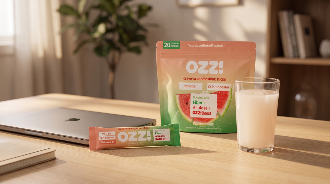 Ozzi watermelon drink stick pouch, a single stick pack and a glass of the prepared Ozzi drink on a home office desk
