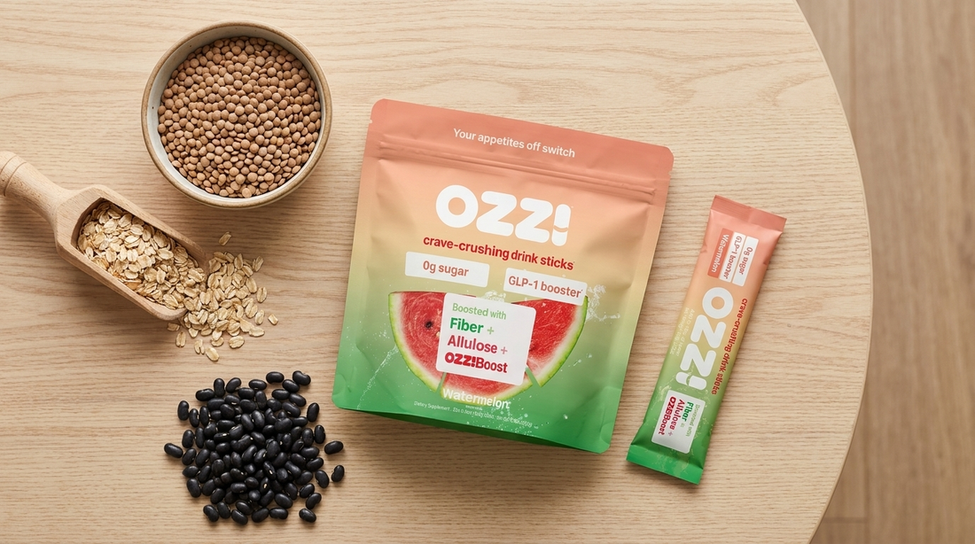 Overhead flatlay of budget GLP-1 boosting foods, lentils, oats, and beans, next to an Ozzi watermelon drink stick and pouch
