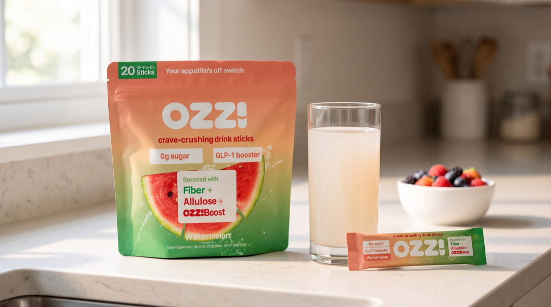 Ozzi watermelon stick pack pouch and a single stick beside a glass of the prepared cloudy off-white drink on a sunlit kitchen counter