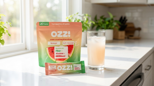 Ozzi watermelon pouch, a single stick pack, and a glass of the prepared cloudy off-white drink on a bright kitchen counter