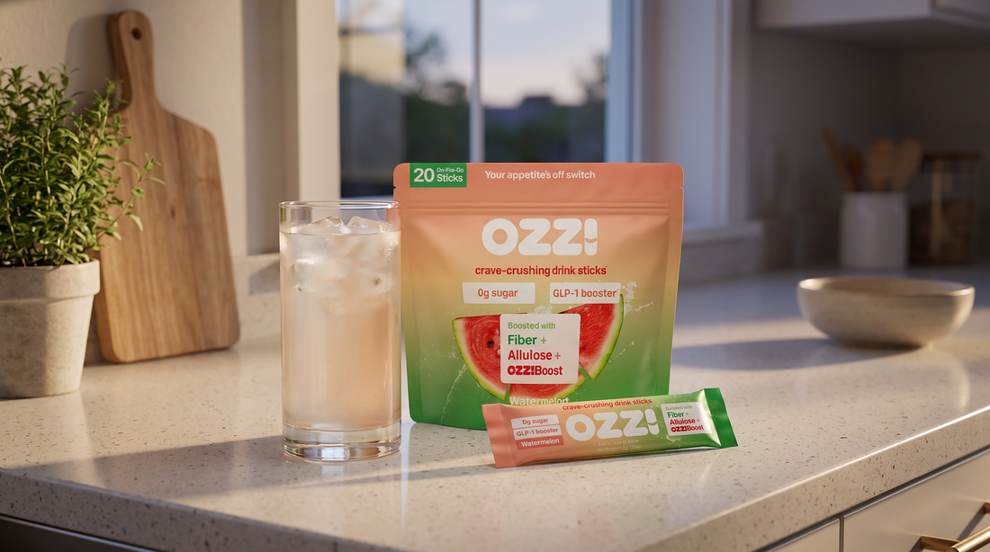 Ozzi watermelon drink stick pack and pouch on a sunlit kitchen counter next to a glass of the prepared cloudy off-white Ozzi drink over ice