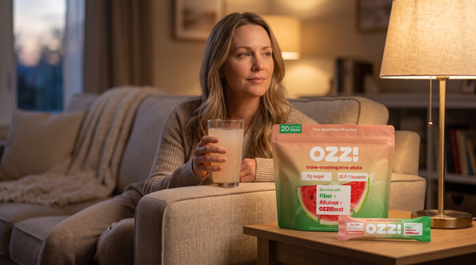 A woman relaxing on a couch in the evening with a glass of Ozzi watermelon drink, the OZZ! pouch and stick on the side table