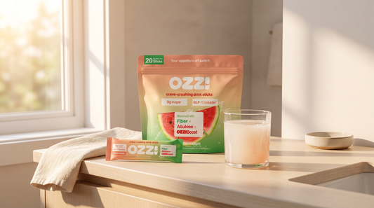 Ozzi watermelon stick pack pouch, a single stick, and a glass of the prepared drink on a sunlit bathroom counter