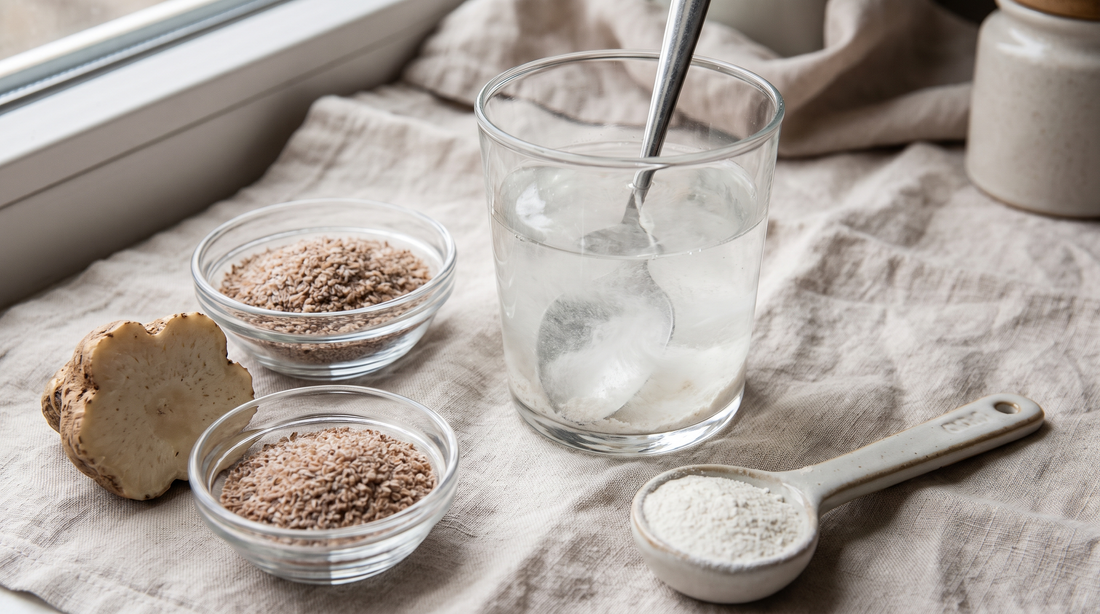 A glass of fiber powder dissolving in water beside psyllium husk and konjac root on a linen surface