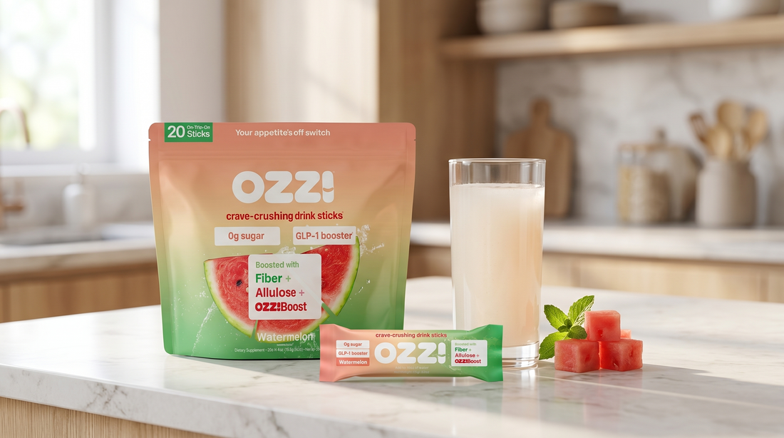 Ozzi watermelon stick pack pouch, a single stick, and a prepared cloudy off-white drink on a bright kitchen counter