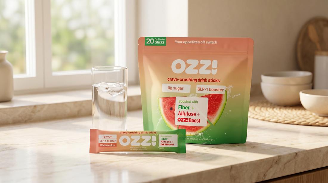 The OZZ! watermelon pouch and a single stick pack on a bright kitchen counter beside a glass of water