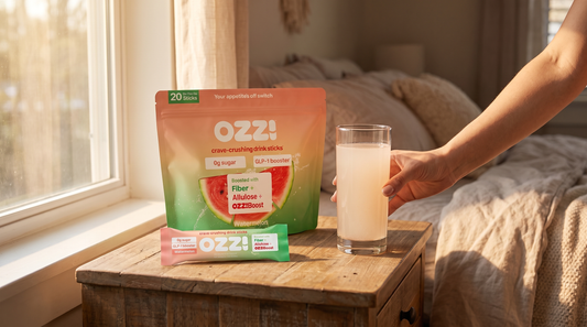 An Ozzi watermelon pouch, a single stick, and a prepared glass on a bedside nightstand in morning light