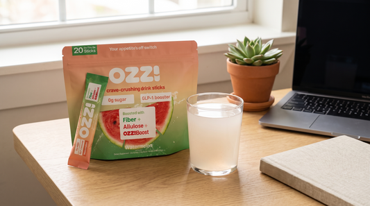 Ozzi watermelon pouch, a single stick, and a glass of the prepared drink on a home office desk