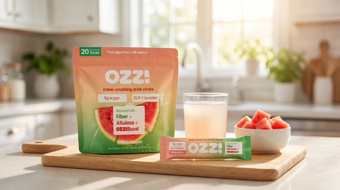 OZZ watermelon stick pack pouch, a single stick, and a glass of the prepared Ozzi drink on a sunny kitchen counter with fresh watermelon