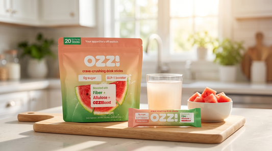 OZZ watermelon stick pack pouch, a single stick, and a glass of the prepared Ozzi drink on a sunny kitchen counter with fresh watermelon