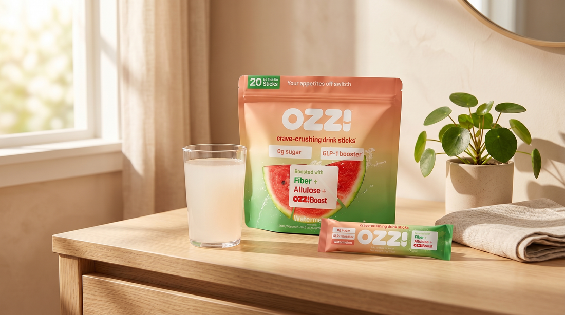 OZZ watermelon stick pack pouch, a single stick, and a glass of the prepared Ozzi drink on a calm bright vanity in morning light