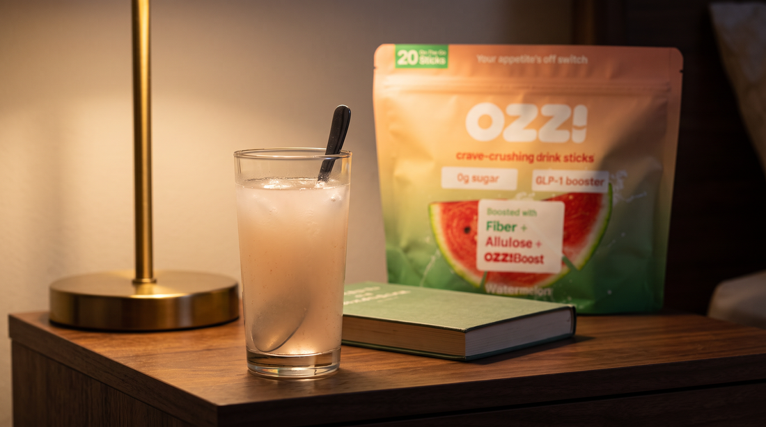 Glass of the prepared Ozzi drink and an Ozzi pouch on a walnut bedside table in warm evening lamplight