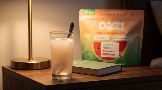 Glass of the prepared Ozzi drink and an Ozzi pouch on a walnut bedside table in warm evening lamplight