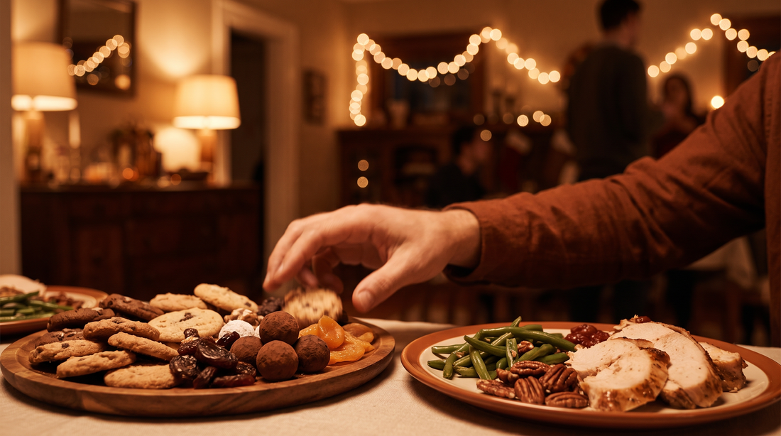 A holiday party table with a cookie platter beside a plate of turkey, green beans and nuts in warm evening light