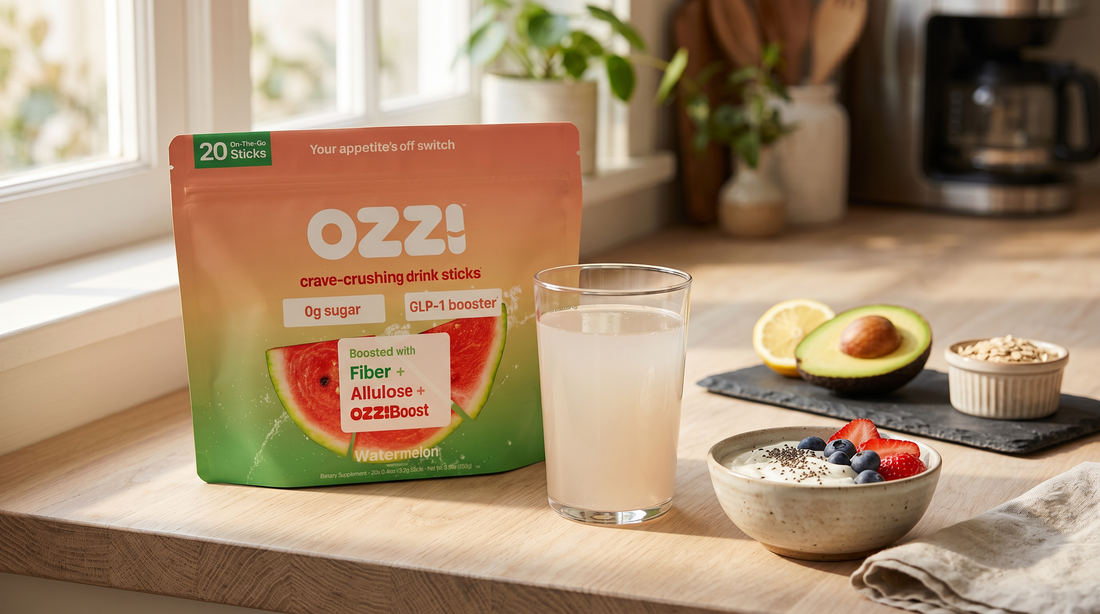 Morning kitchen counter with an OZZ! watermelon pouch and a glass of cloudy off-white prepared Ozzi drink next to whole grain breakfast