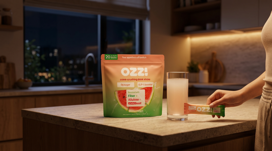 A woman holding an Ozzi watermelon stick in a warm evening kitchen with a glass of the prepared drink